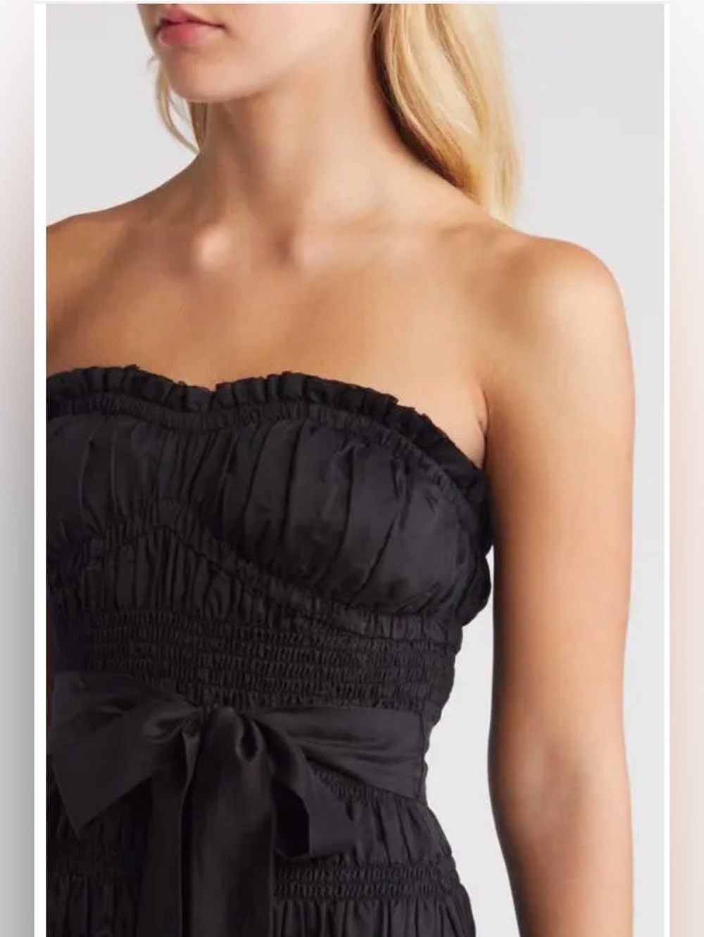 Moon River Smocked Strapless Black Midi Dress - Picture 5 of 15